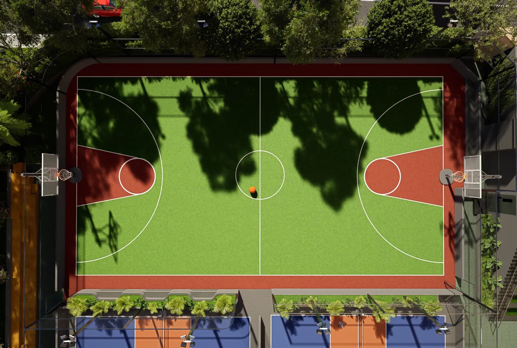 Aerial view of the full-size basketball court