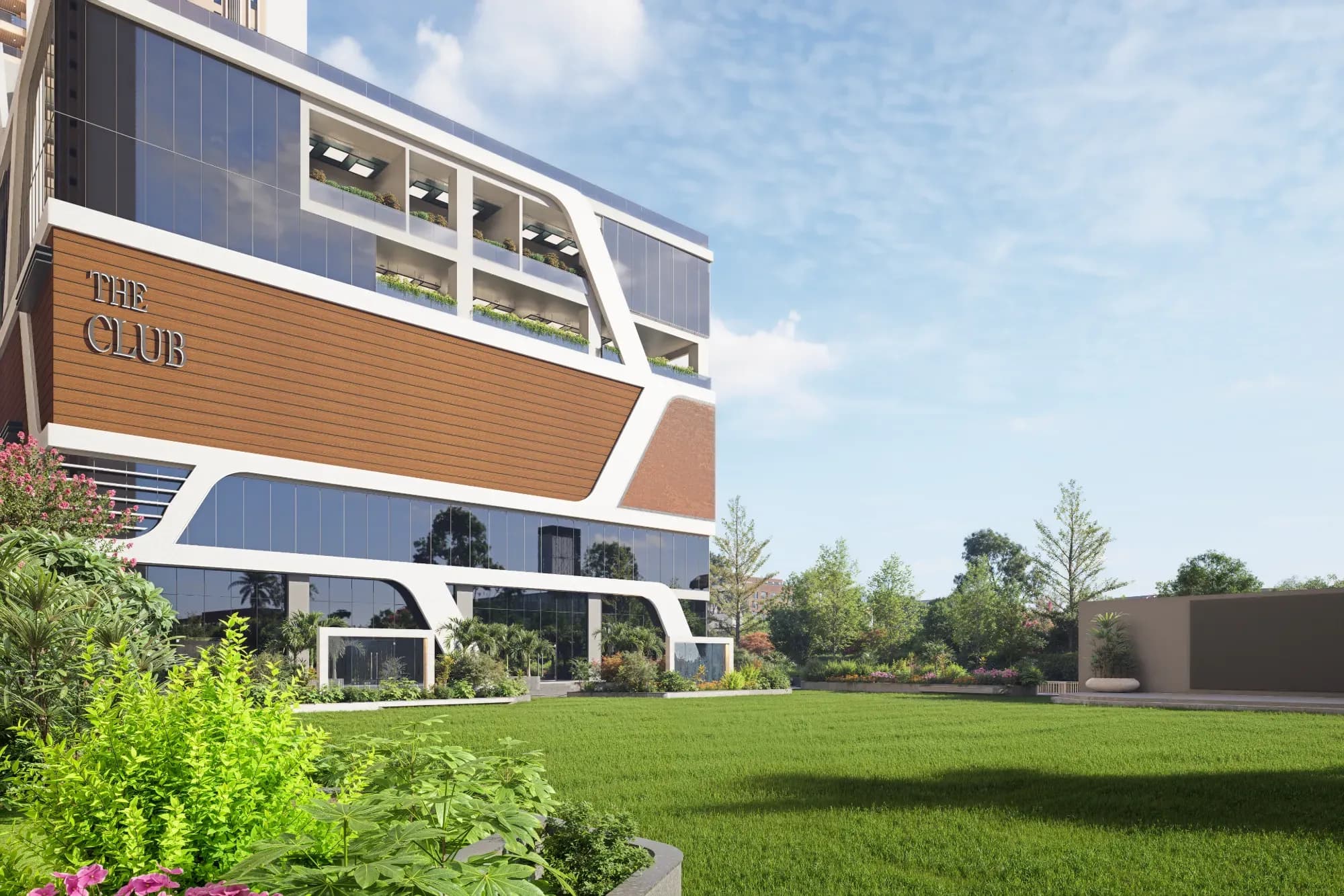 The Club building and its landscaped lawn