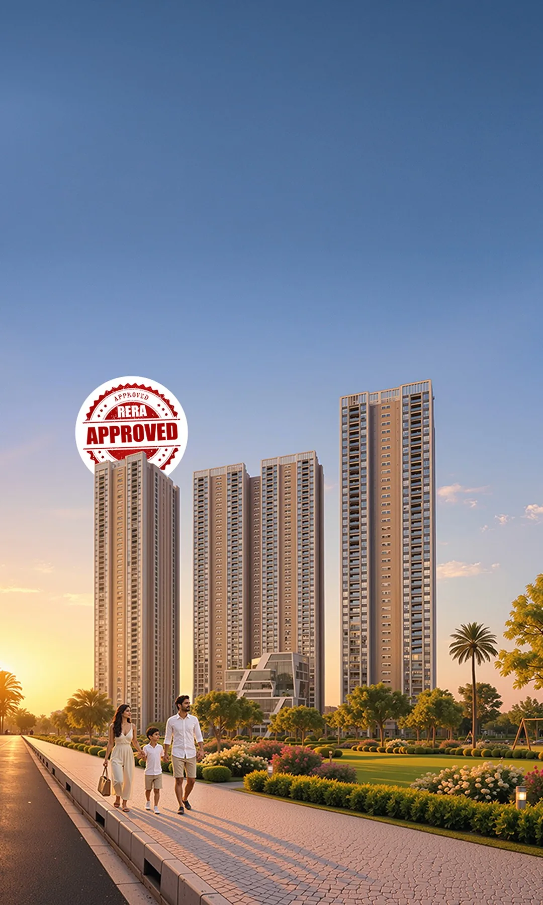 ASBL Legacy towers at sunset, with a family walking along the promenade at RTC X Roads, Hyderabad
