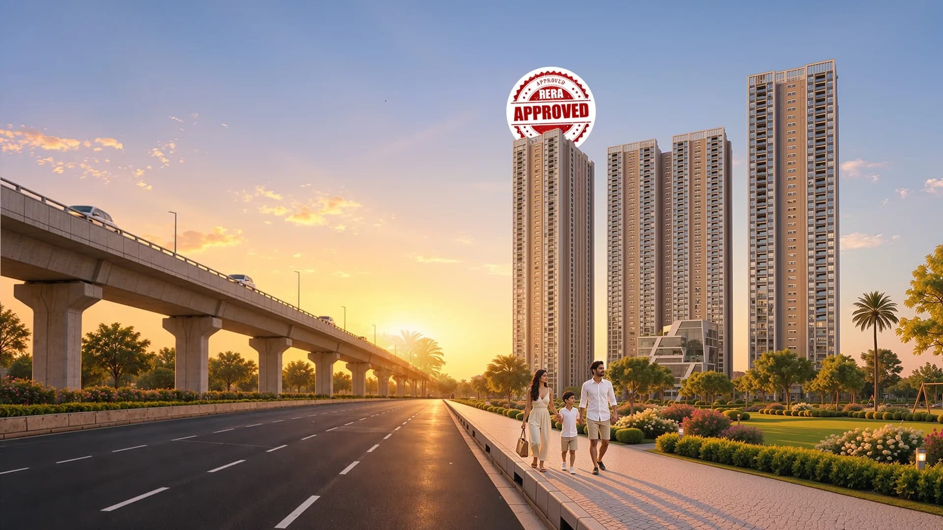 ASBL Legacy towers at sunset, with a family walking along the promenade at RTC X Roads, Hyderabad