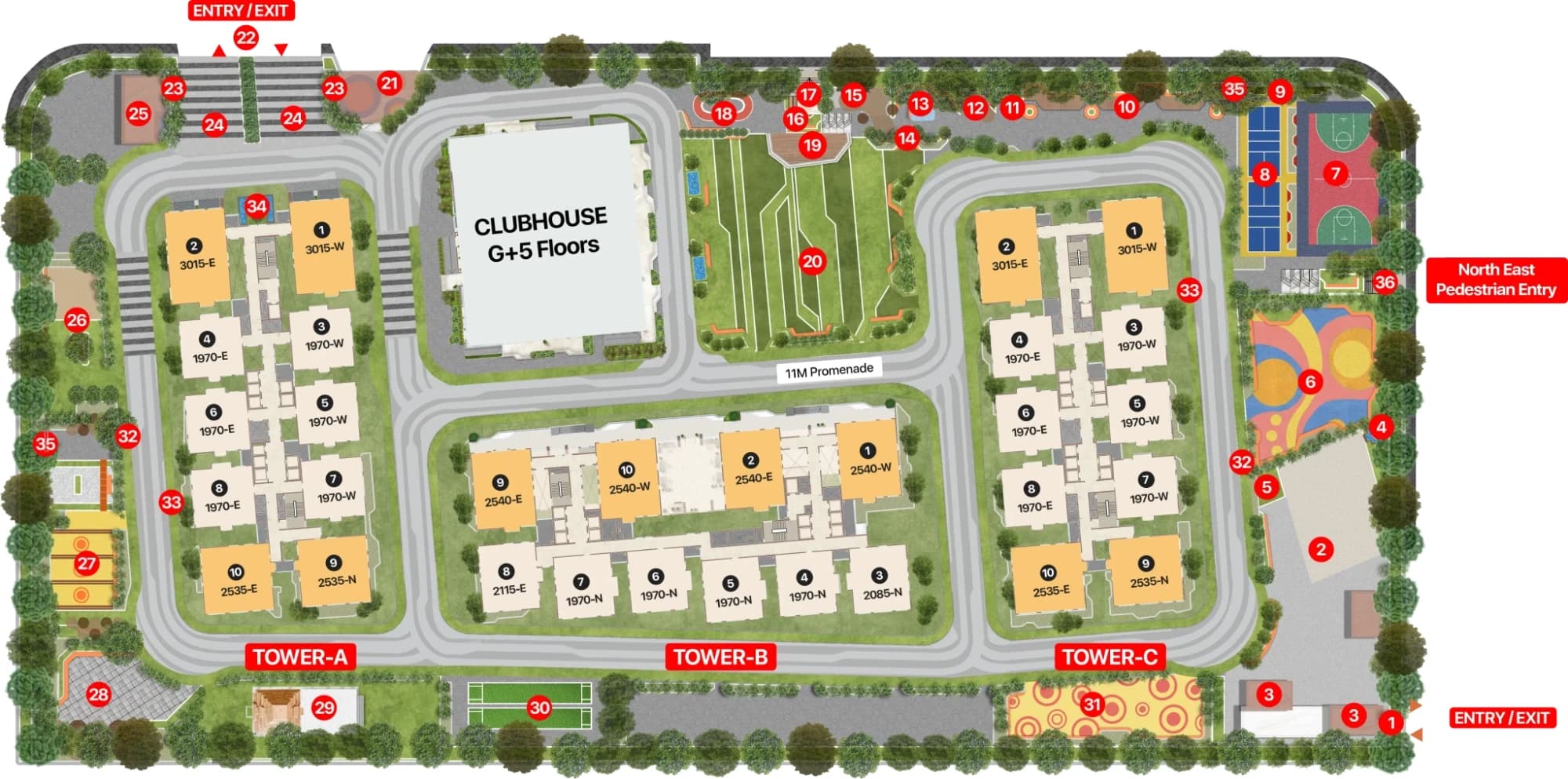 Master plan of ASBL Legacy: Towers A, B and C around the G+5 clubhouse, with the amenities, promenade and entry and exit points numbered