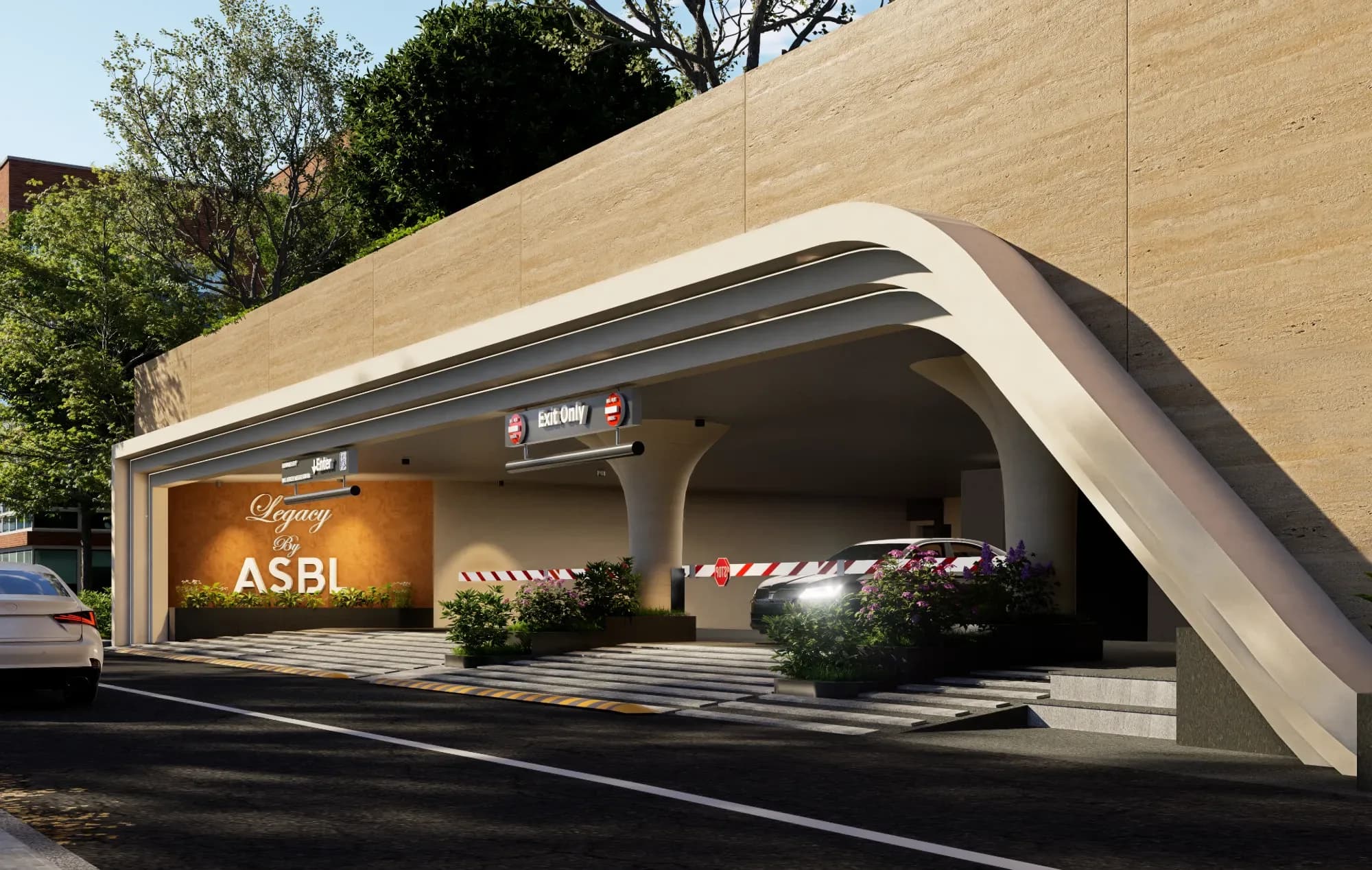 Arrival at ASBL Legacy: the entrance porte-cochère with the Legacy by ASBL sign